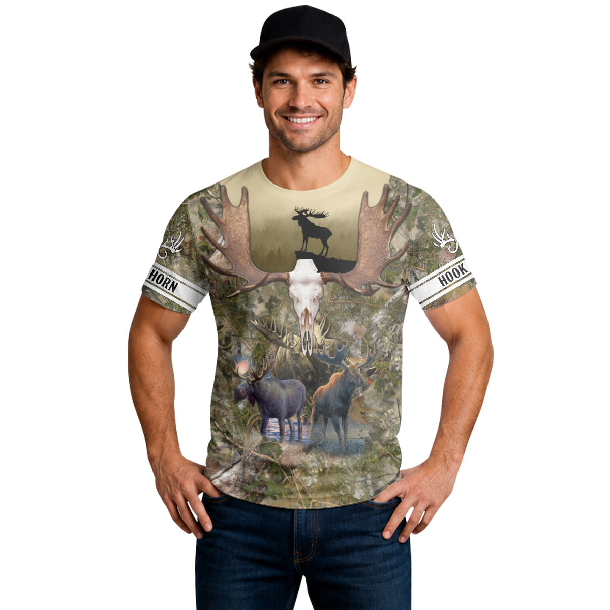 Moose Skull Woodland Camo Short Sleeve Hunting Shirt - lifestyle view