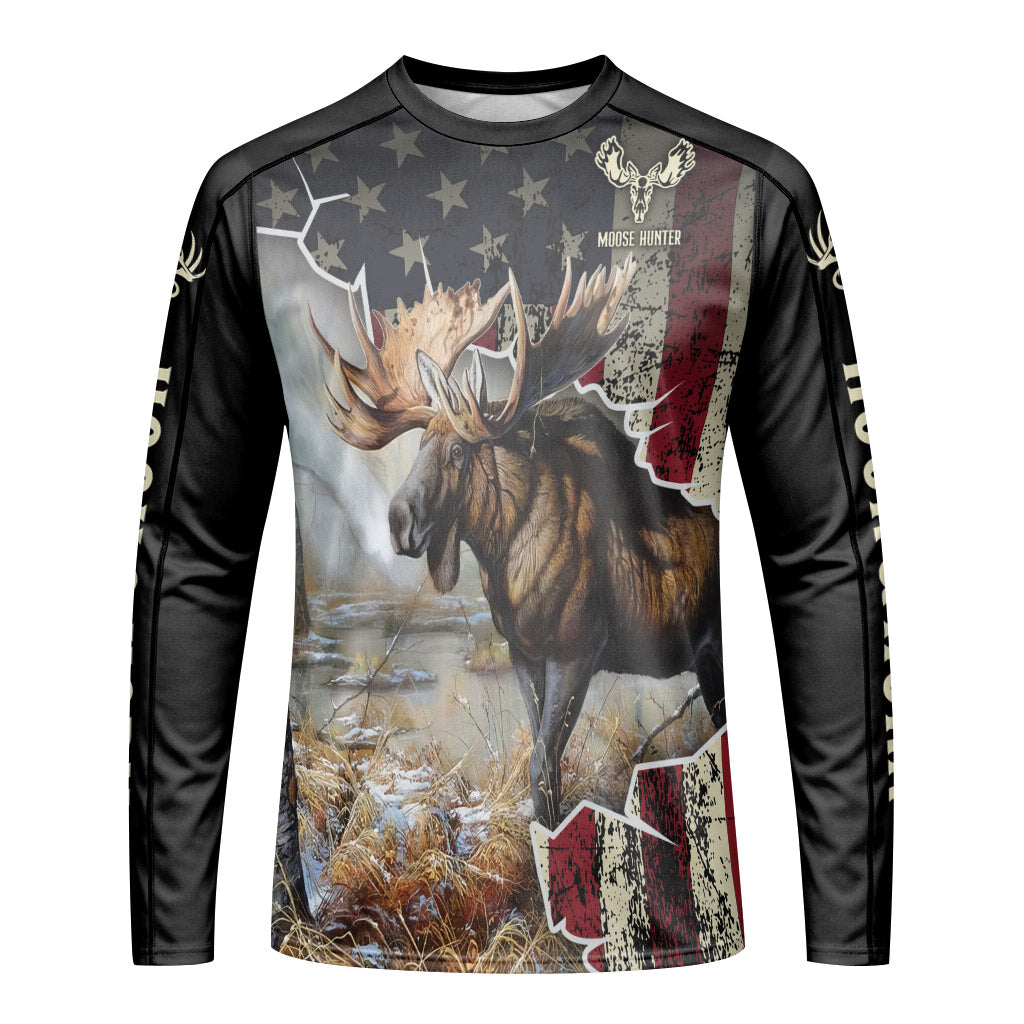 Patriotic American Flag Moose Long Sleeve Hunting Shirt – Front View Mockup