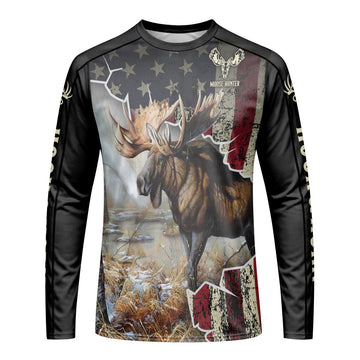 Patriotic American Flag Moose Long Sleeve Hunting Shirt – Front View Mockup