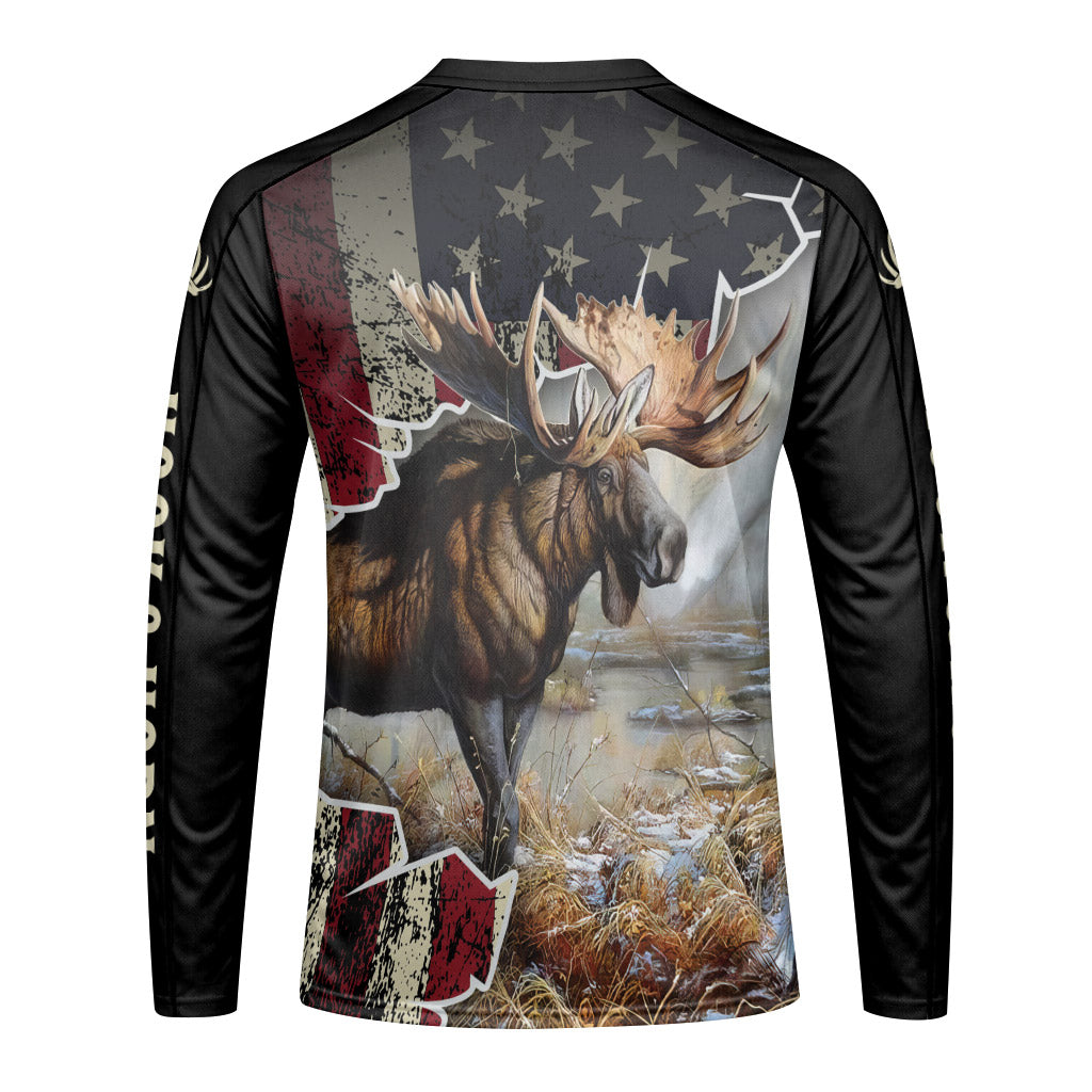 Patriotic American Flag Moose Long Sleeve Hunting Shirt – Back View Mockup