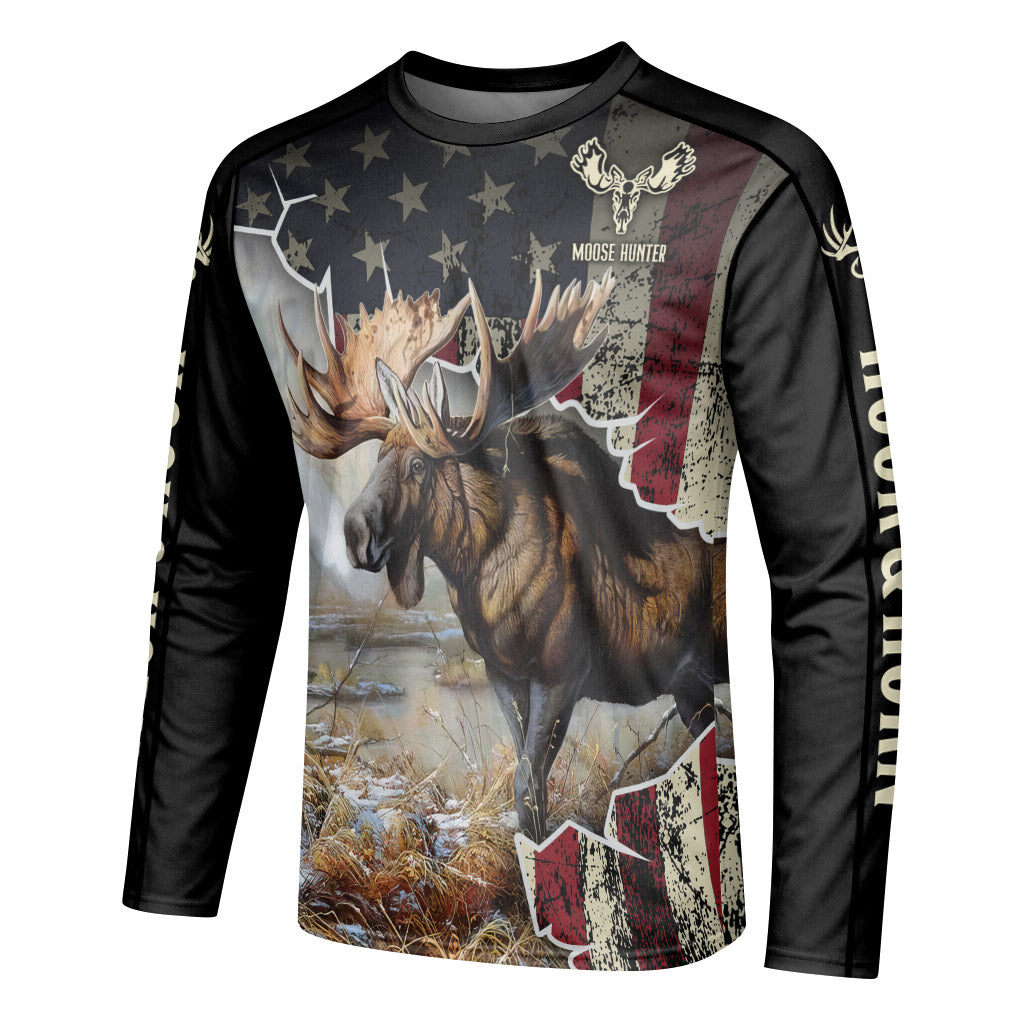 Patriotic American Flag Moose Long Sleeve Hunting Shirt – Left Side View Mockup