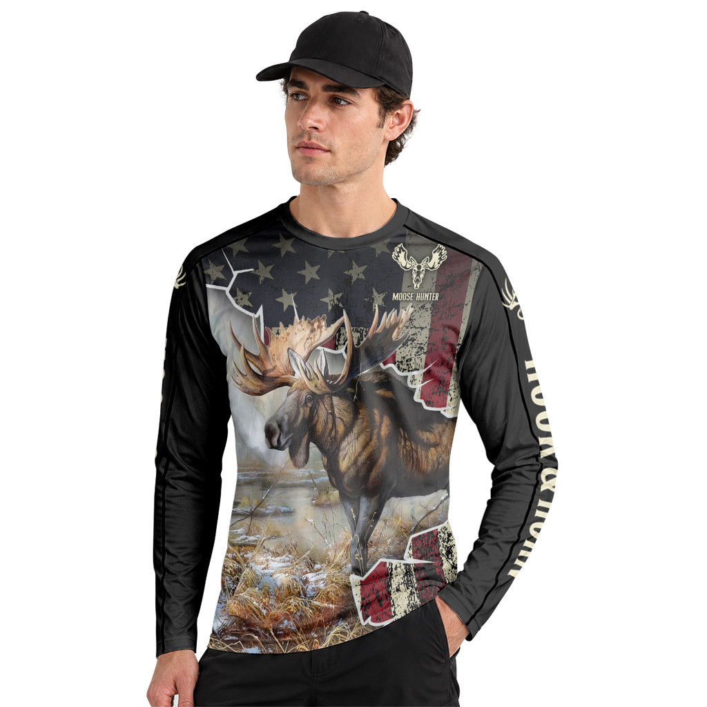 Patriotic American Flag Moose Long Sleeve Hunting Shirt – Front Lifestyle View