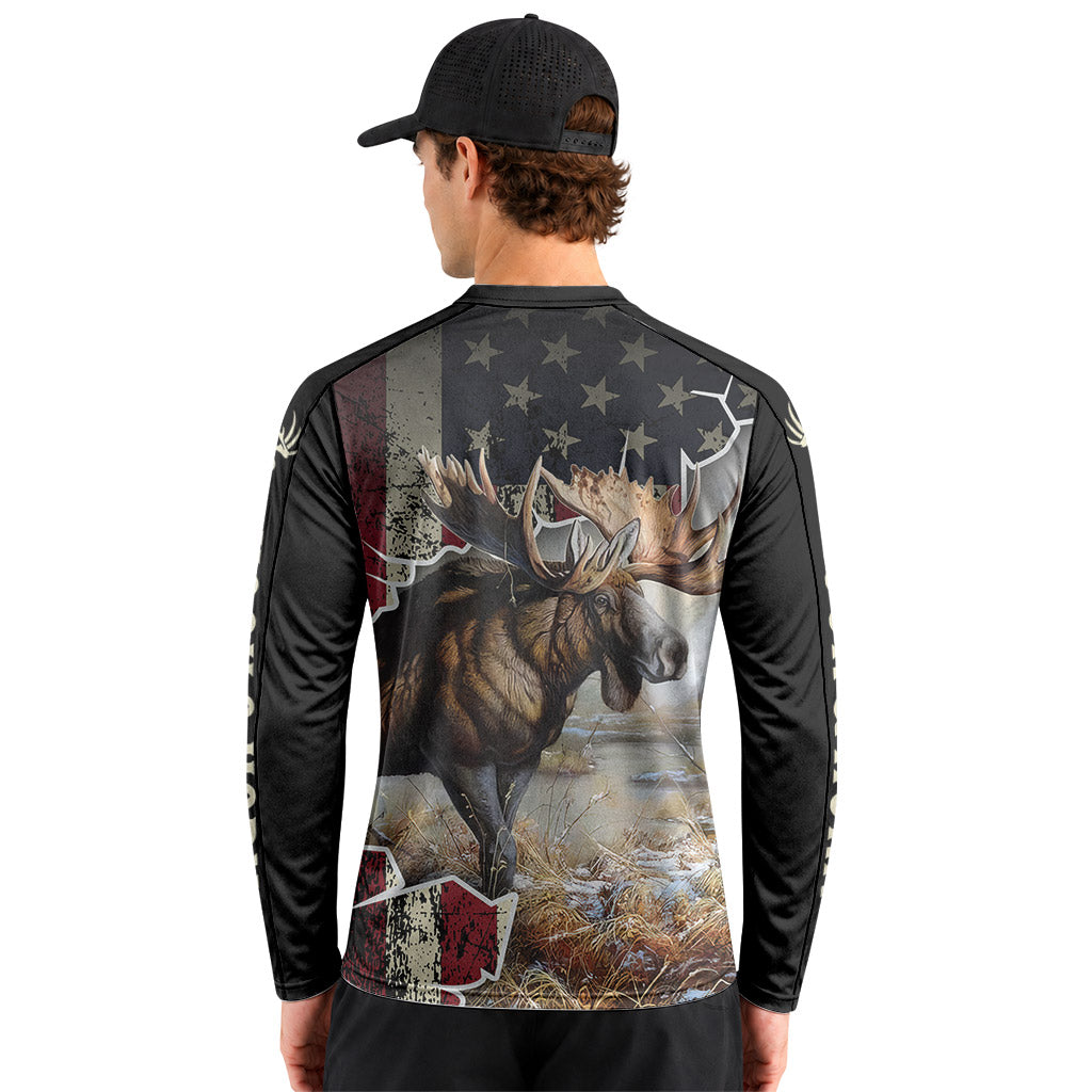 Patriotic American Flag Moose Long Sleeve Hunting Shirt – Back Lifestyle View