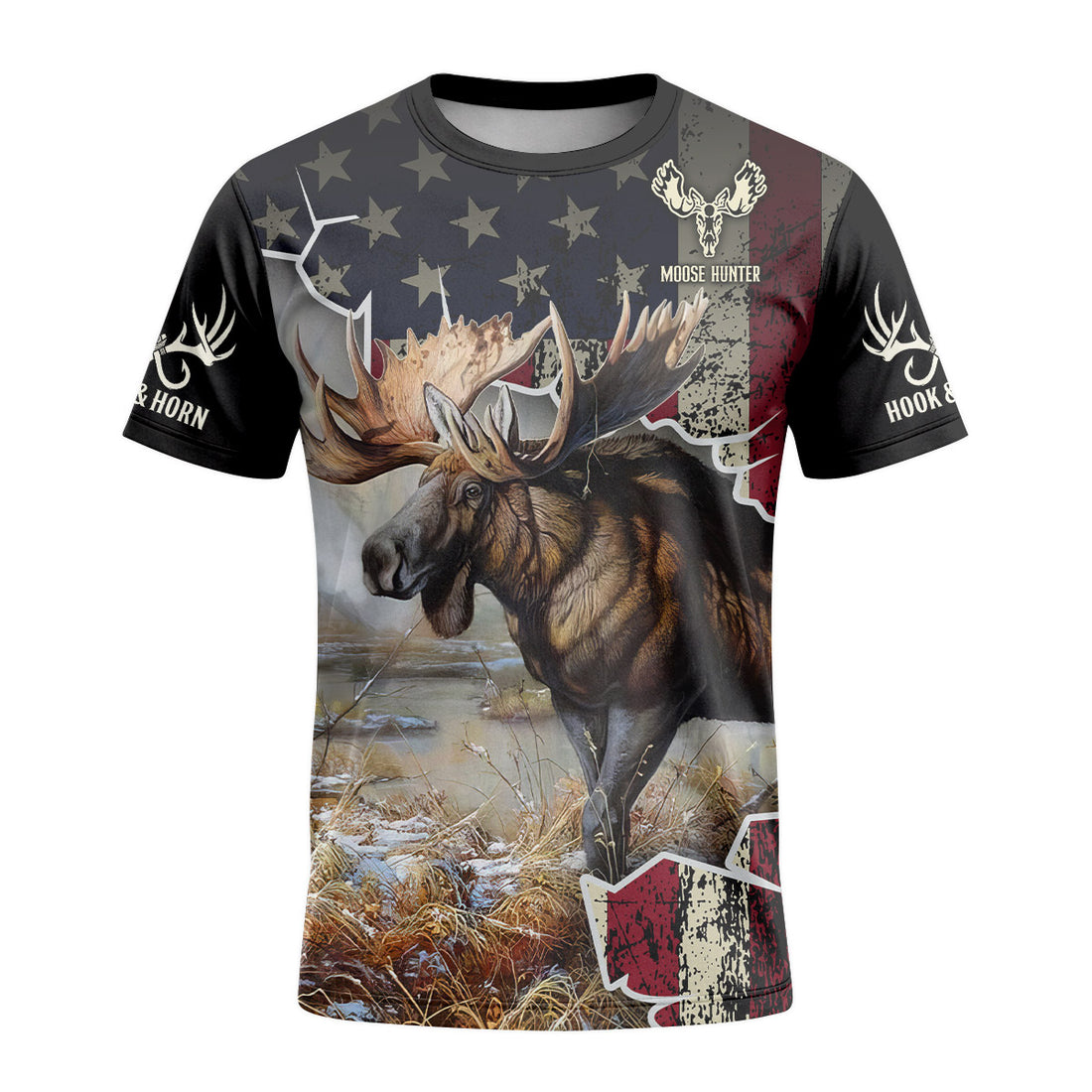 Patriotic American Flag Moose Short Sleeve Hunting Shirt - front and back view