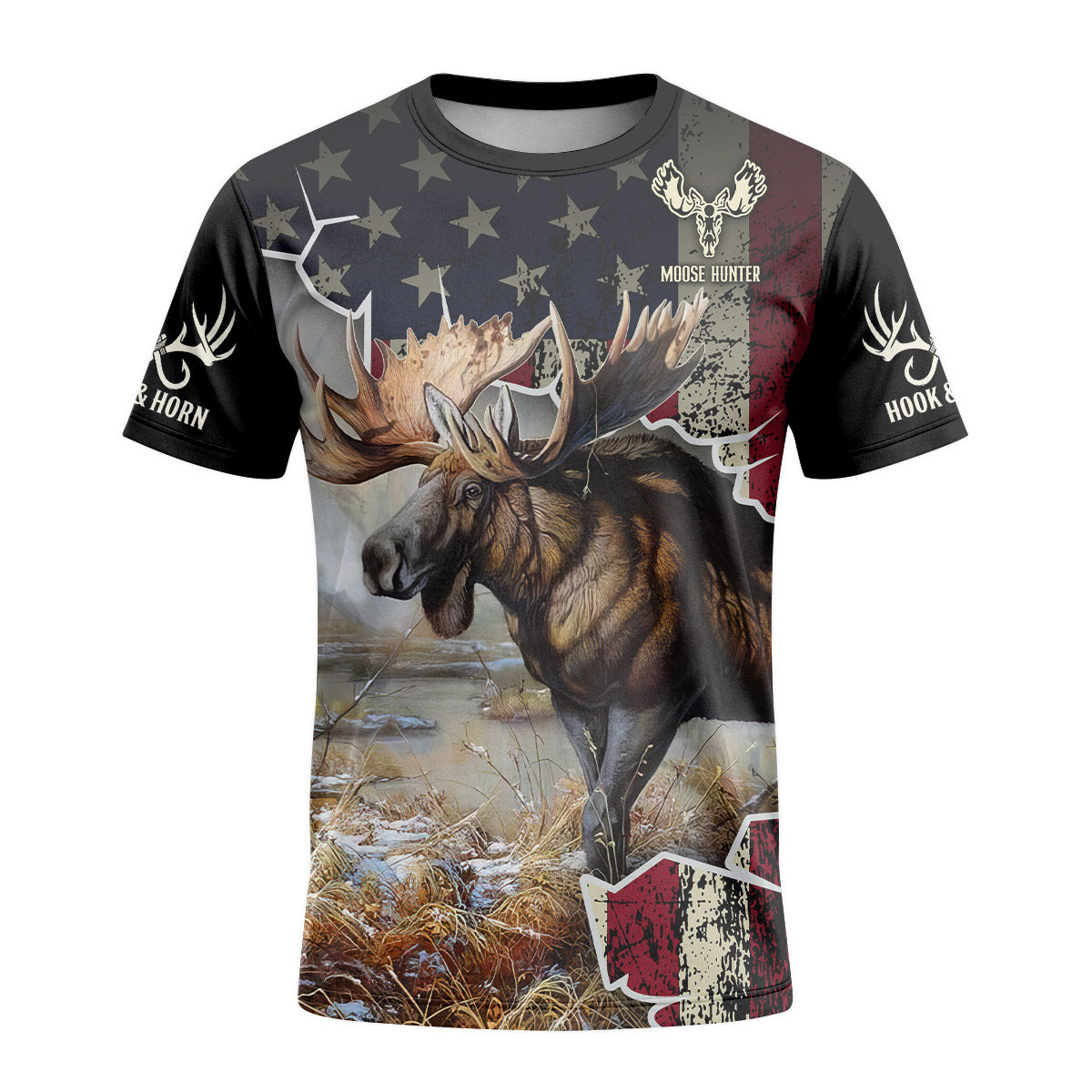 Patriotic American Flag Moose Short Sleeve Hunting Shirt - front view mockup