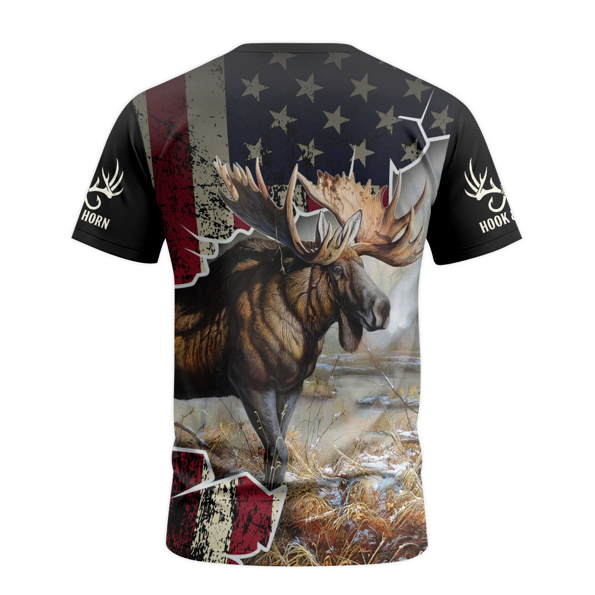 Patriotic American Flag Moose Short Sleeve Hunting Shirt - back view mockup