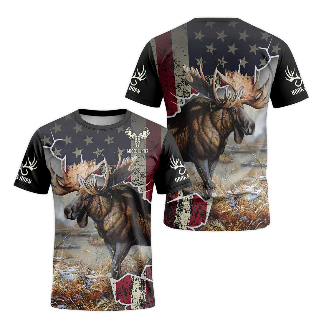 Patriotic American Flag Moose Short Sleeve Hunting Shirt - front and back view