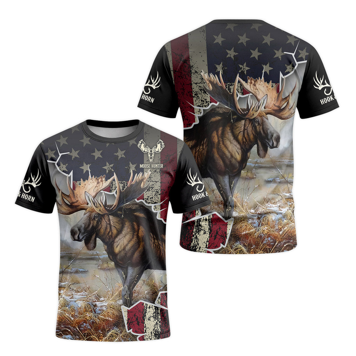 Patriotic American Flag Moose Short Sleeve Hunting Shirt - front and back view