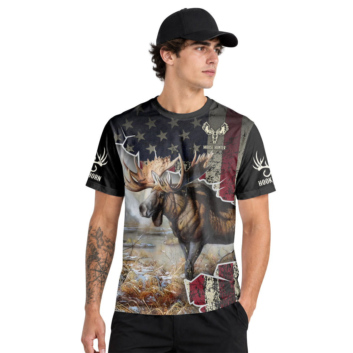 Patriotic American Flag Moose Short Sleeve Hunting Shirt - lifestyle view