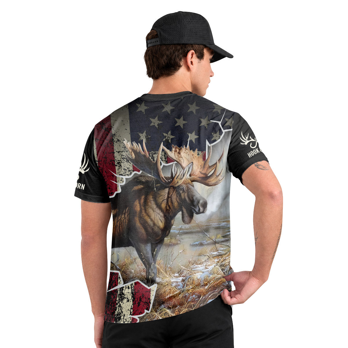 Patriotic American Flag Moose Short Sleeve Hunting Shirt - lifestyle view