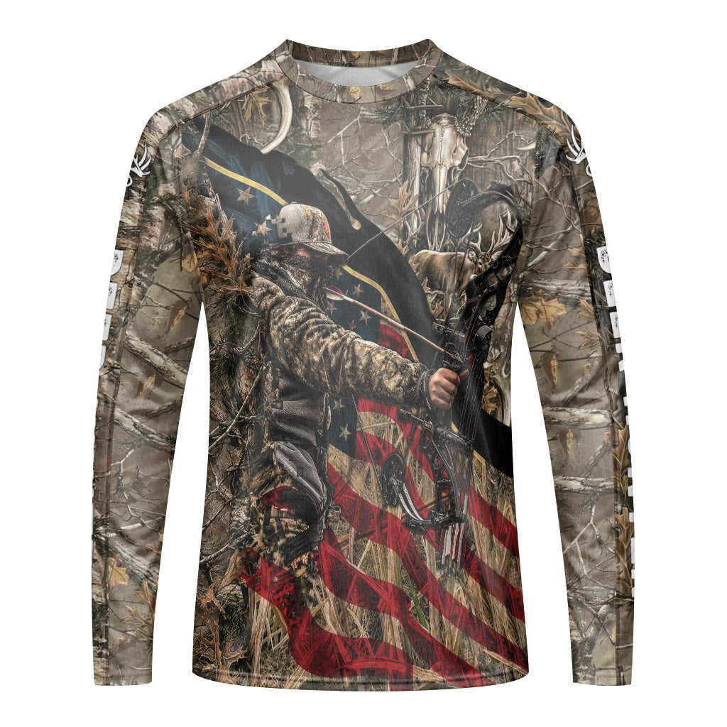 Patriotic Bow Hunter Deer Long Sleeve Hunting Shirt – Front View Mockup