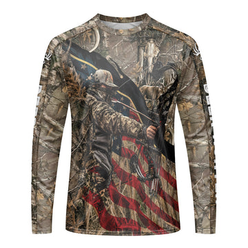 Patriotic Bow Hunter Deer Long Sleeve Hunting Shirt – Front View Mockup