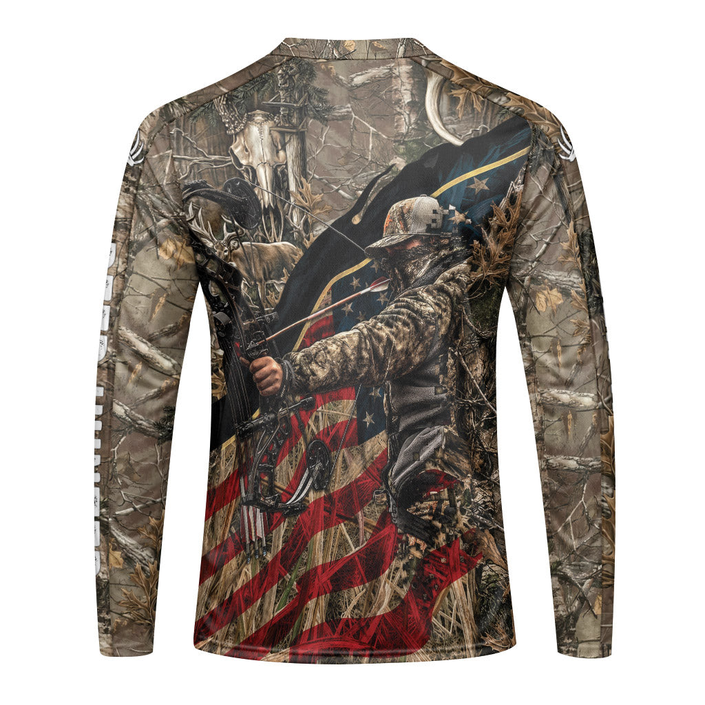 Patriotic Bow Hunter Deer Long Sleeve Hunting Shirt – Front View Mockup