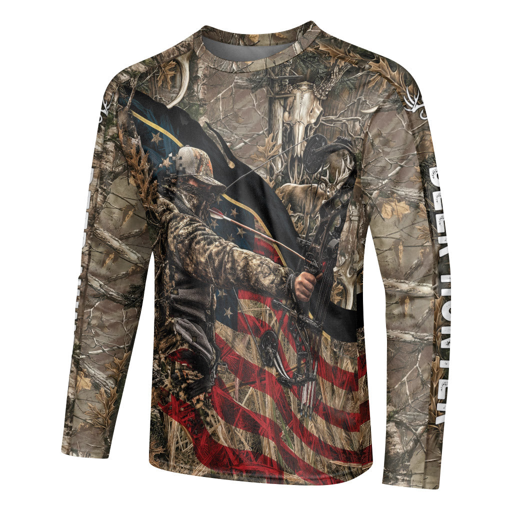 Patriotic Bow Hunter Deer Long Sleeve Hunting Shirt – Left Side View Mockup