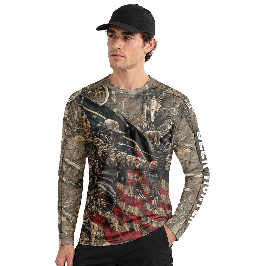 Patriotic Bow Hunter Deer Long Sleeve Hunting Shirt – Front Lifestyle View