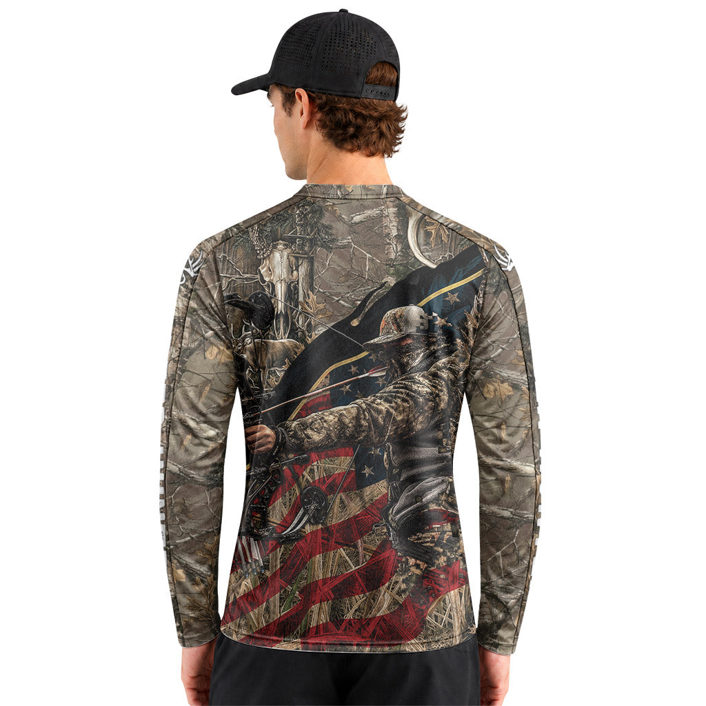 Patriotic Bow Hunter Deer Long Sleeve Hunting Shirt – Back Lifestyle View