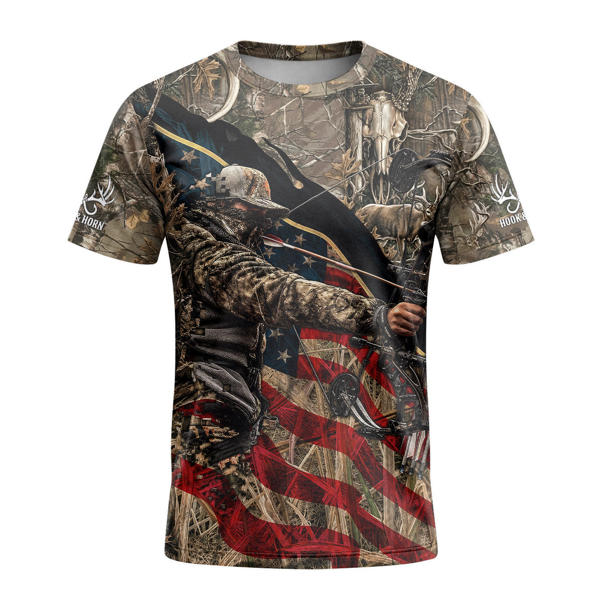Patriotic Bow Hunter Deer Short Sleeve Hunting Shirt - front view mockup