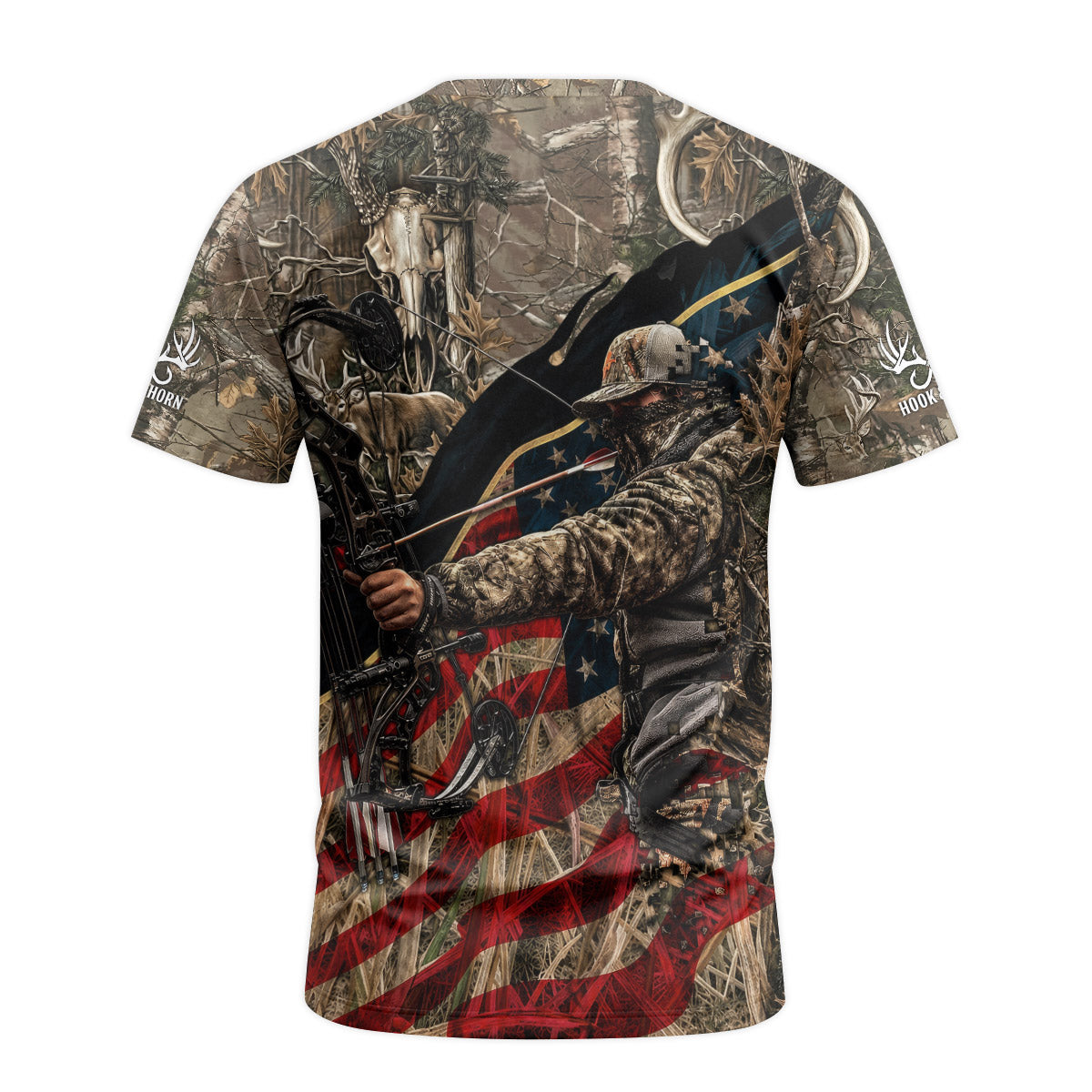 Patriotic Bow Hunter Deer Short Sleeve Hunting Shirt - back view mockup