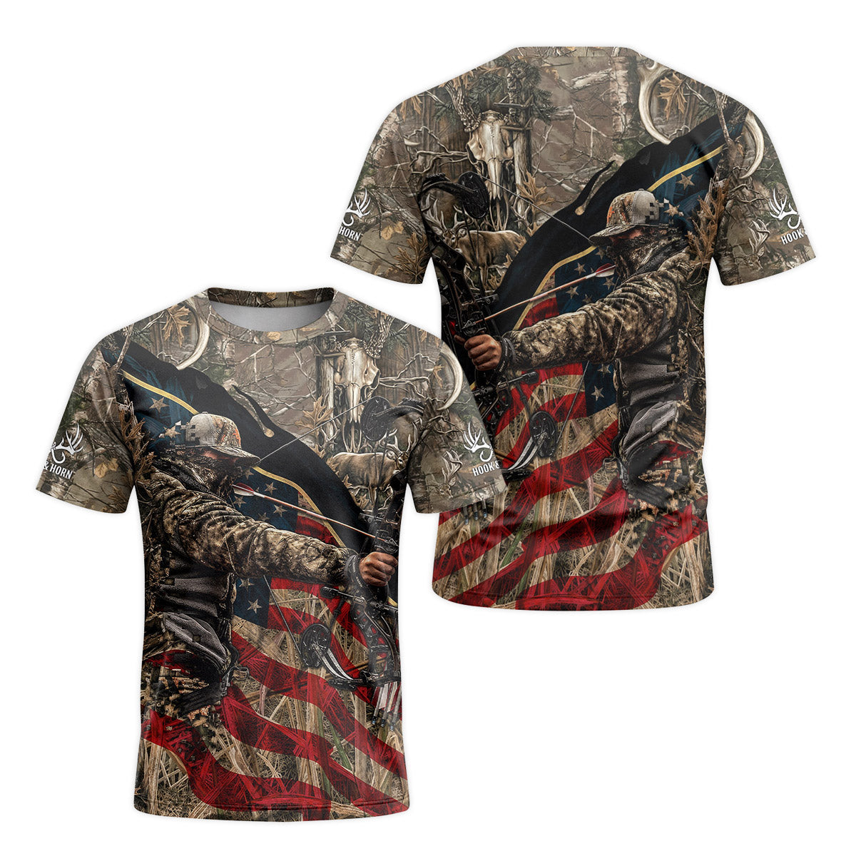 Patriotic Bow Hunter Deer Short Sleeve Hunting Shirt - front and back view