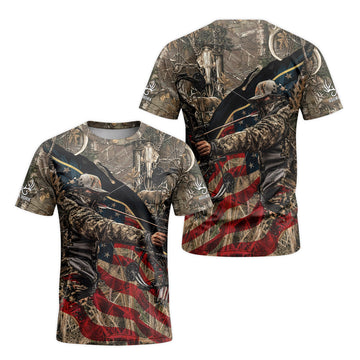 Patriotic Bow Hunter Deer Short Sleeve Hunting Shirt - front and back view