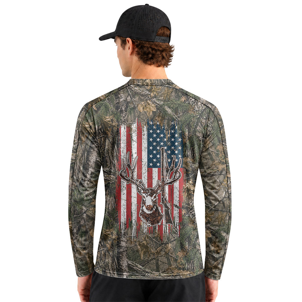 Patriotic Whitetail Buck Camo Long Sleeve Hunting Shirt - lifestyle view