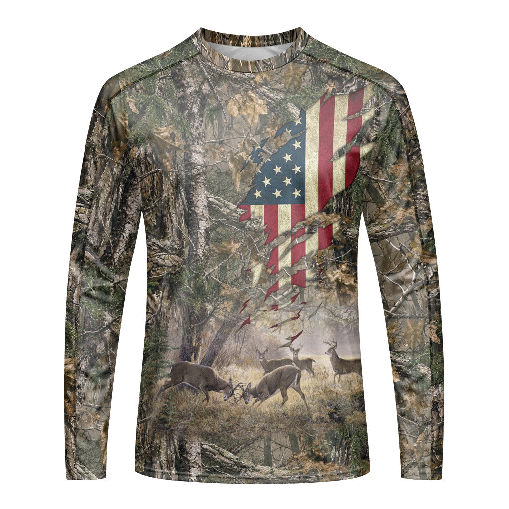 Patriotic Whitetail Buck Camo Long Sleeve Hunting Shirt - front view mockup