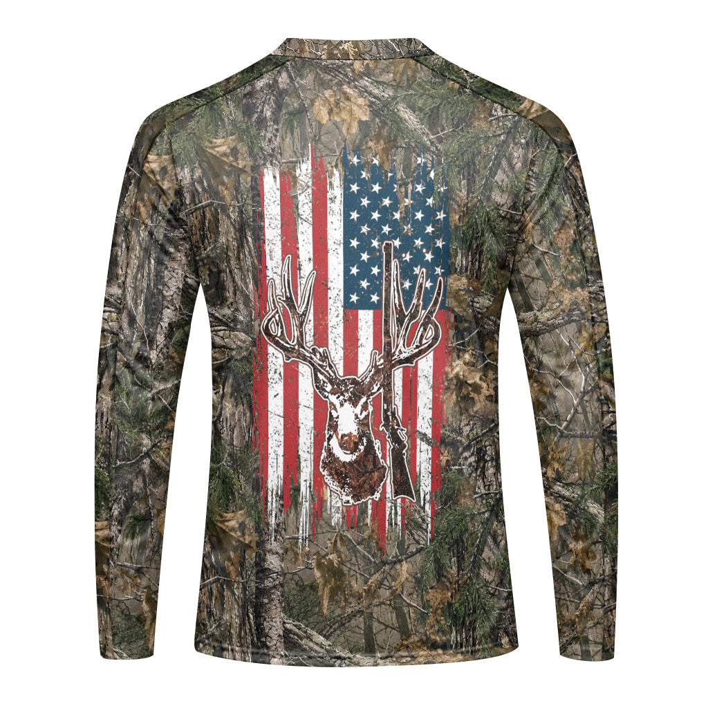 Patriotic Whitetail Buck Camo Long Sleeve Hunting Shirt - back view mockup