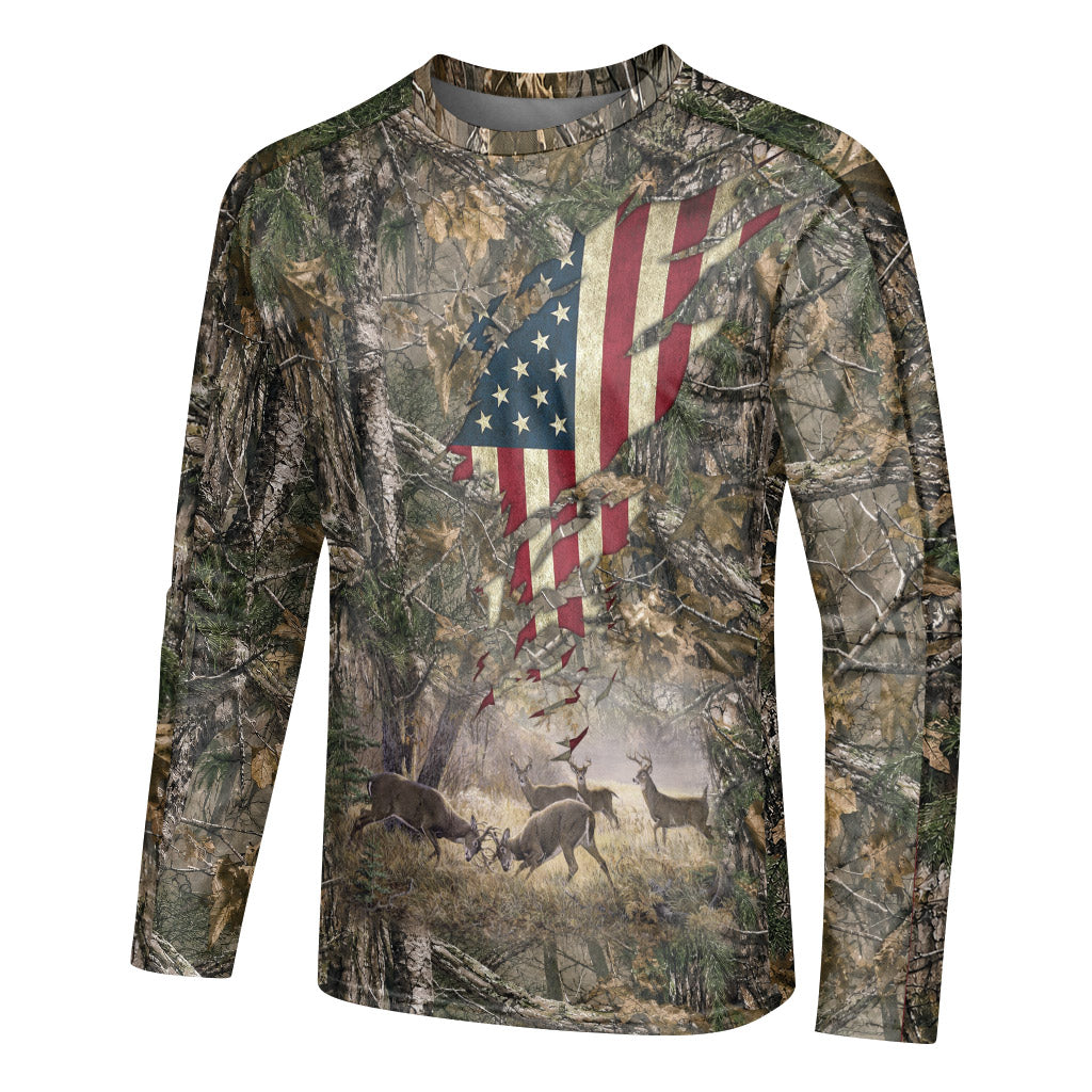 Patriotic Whitetail Buck Camo Long Sleeve Hunting Shirt - left side mockup