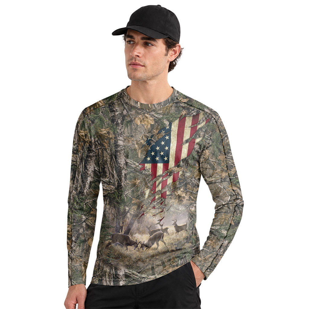 Patriotic Whitetail Buck Camo Long Sleeve Hunting Shirt - lifestyle view