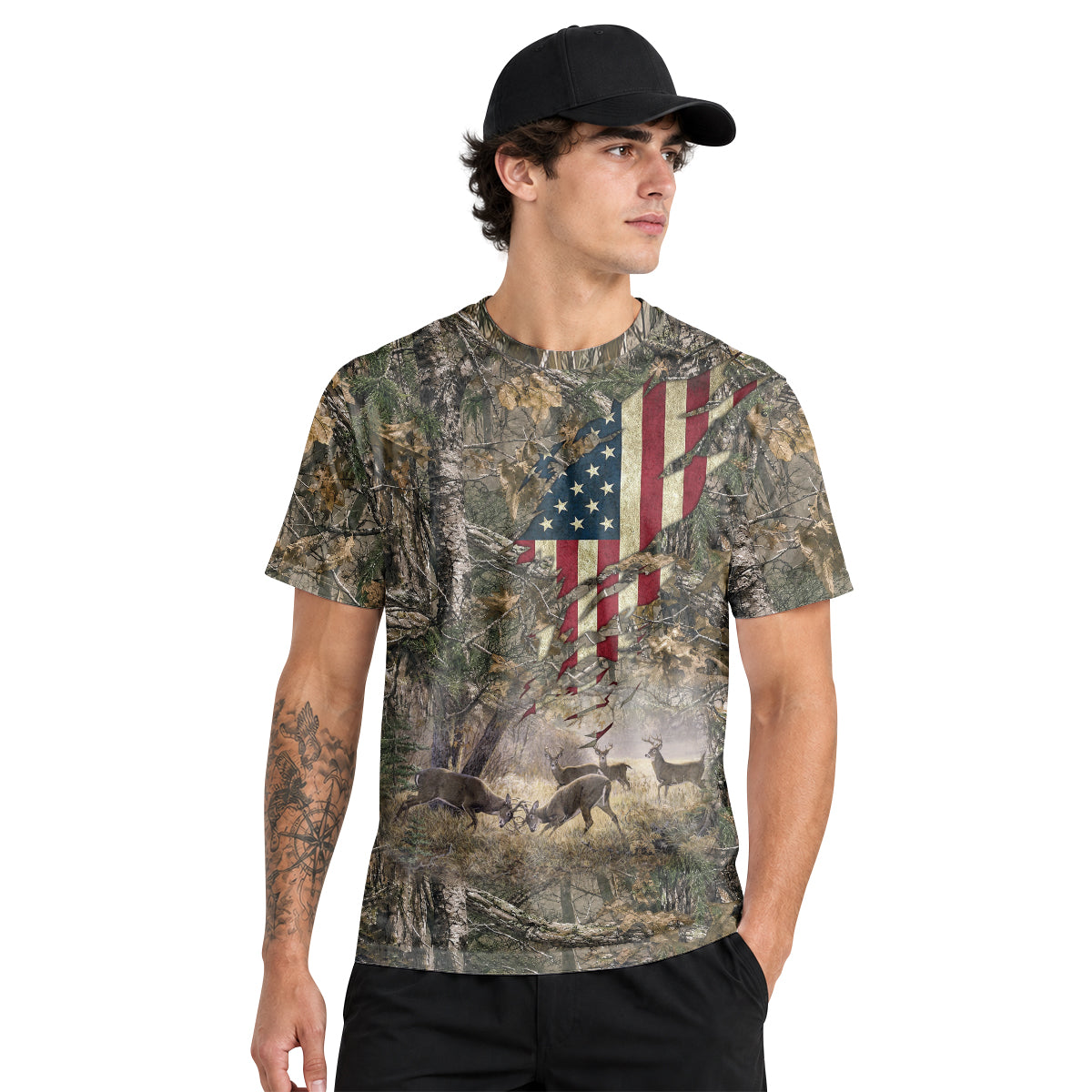 Patriotic Whitetail Buck Camo Short Sleeve Hunting Shirt - lifestyle view