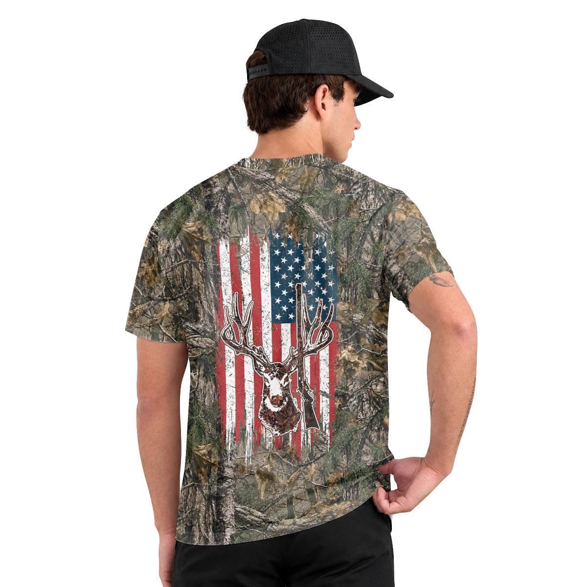 Patriotic Whitetail Buck Camo Short Sleeve Hunting Shirt - lifestyle view