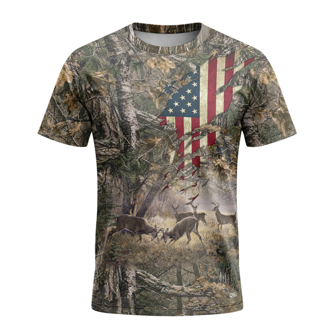 Patriotic Whitetail Buck Camo Short Sleeve Hunting Shirt - front and back view