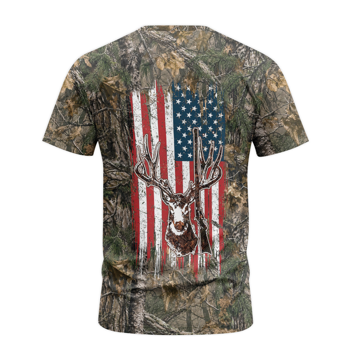 Patriotic Whitetail Buck Camo Short Sleeve Hunting Shirt - back view mockup