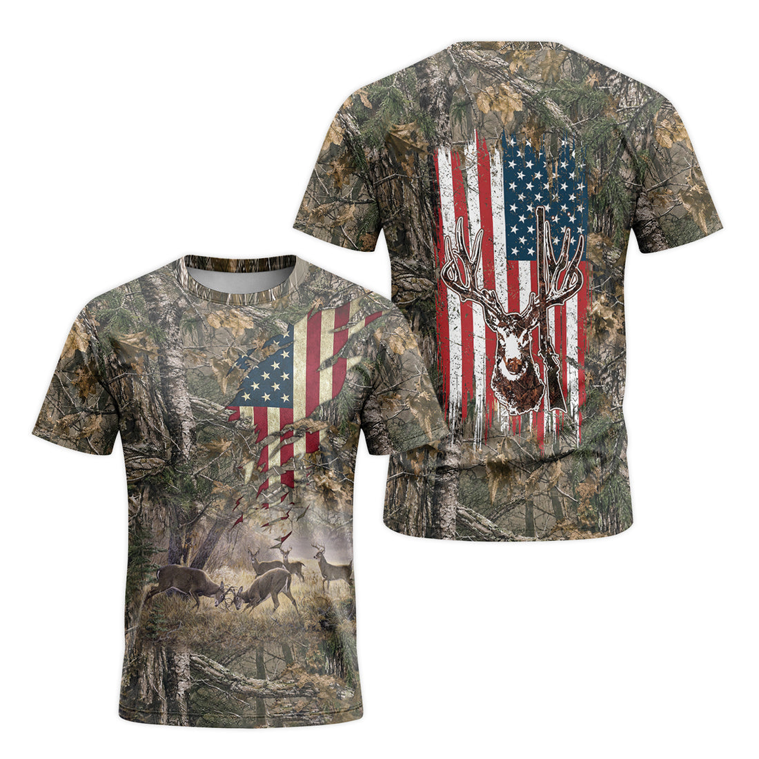 Patriotic Whitetail Buck Camo Short Sleeve Hunting Shirt - front and back view
