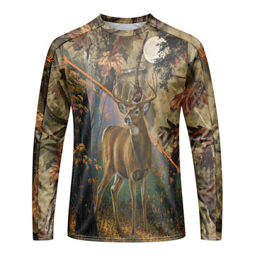 Whitetail Buck Woodland Camo Long Sleeve Hunting Shirt - front view mockup
