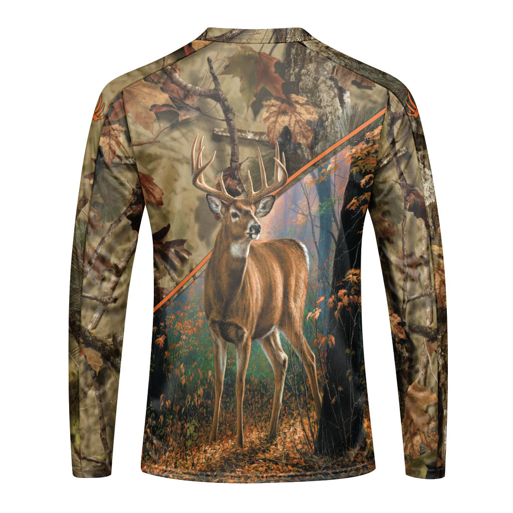 Whitetail Buck Woodland Camo Long Sleeve Hunting Shirt - front view mockup