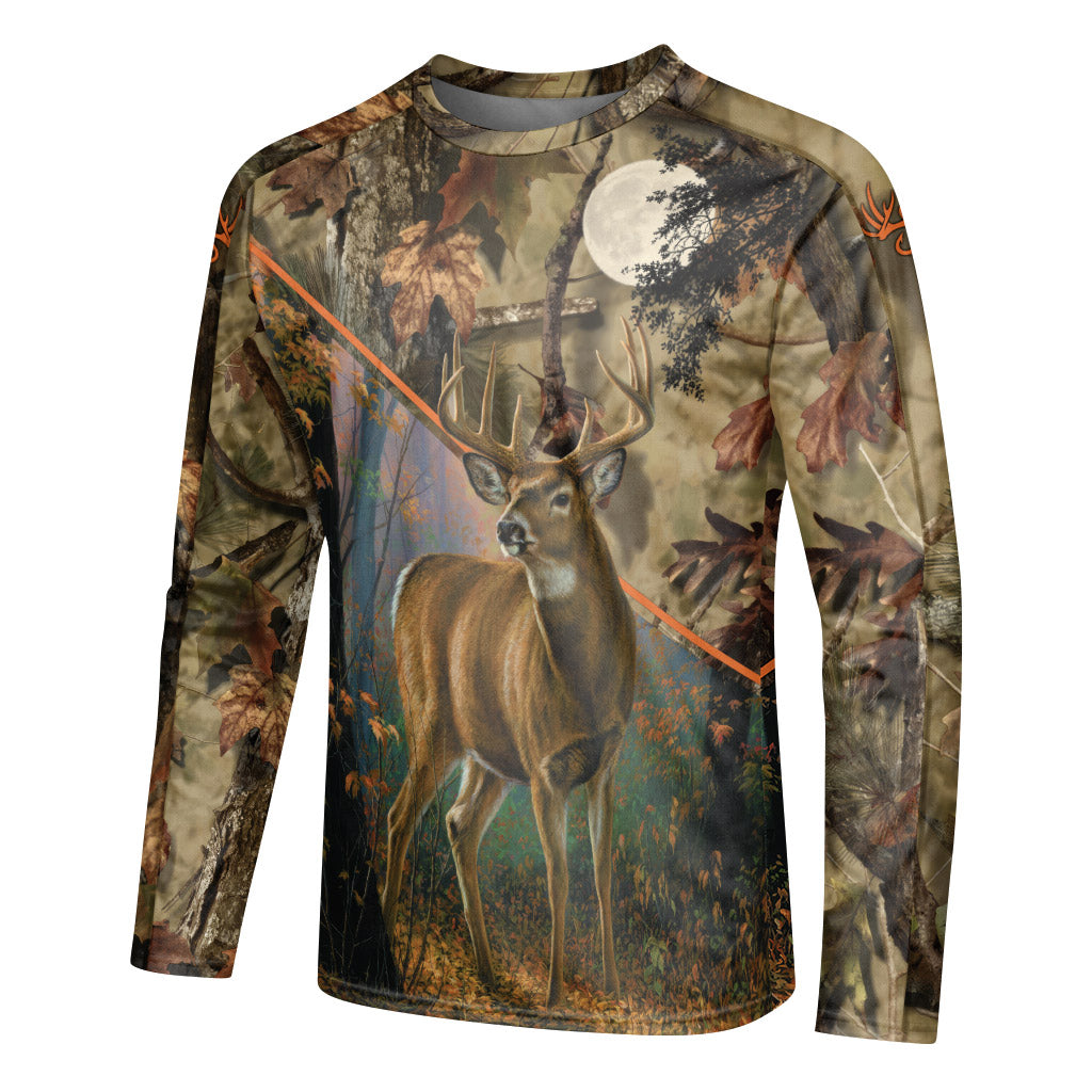Whitetail Buck Woodland Camo Long Sleeve Hunting Shirt - left side mockup