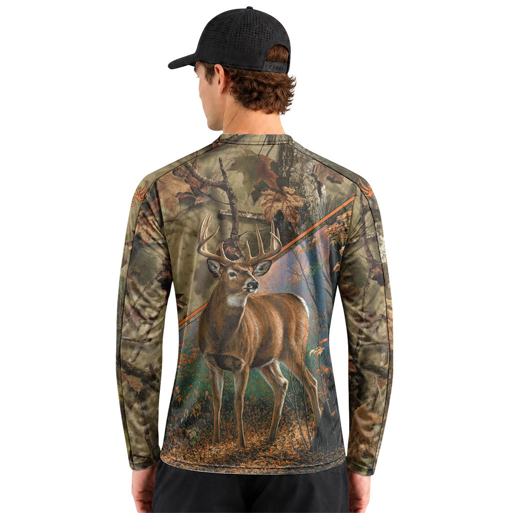 Whitetail Buck Woodland Camo Long Sleeve Hunting Shirt - lifestyle view
